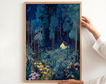 Lámina decorativa de bosque de luciérnagas, póster de bosque estrellado de flores silvestres, arte de pared estilo cabaña cottagecore, decoración mística del cielo nocturno, IMPRESIÓN FÍSICA