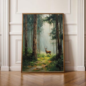 Stag in Forest, Pine Forest Wall Art, Cottagecore Decor, Green & Brown Decor, Living Room Wall Art, Fall Style Gift, Autumn Host Gift image 1
