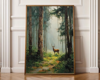 May include: A framed painting depicts a serene forest scene. Tall trees with green foliage and brown trunks create a path leading to a deer in the distance. The artwork has a gold frame and is displayed against a white wall.