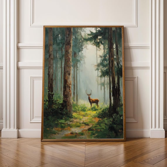 Stag in Forest, Pine Forest Wall Art, Cottagecore Decor, Green & Brown Decor, Living Room Wall Art, Fall Style Gift, Autumn Host Gift