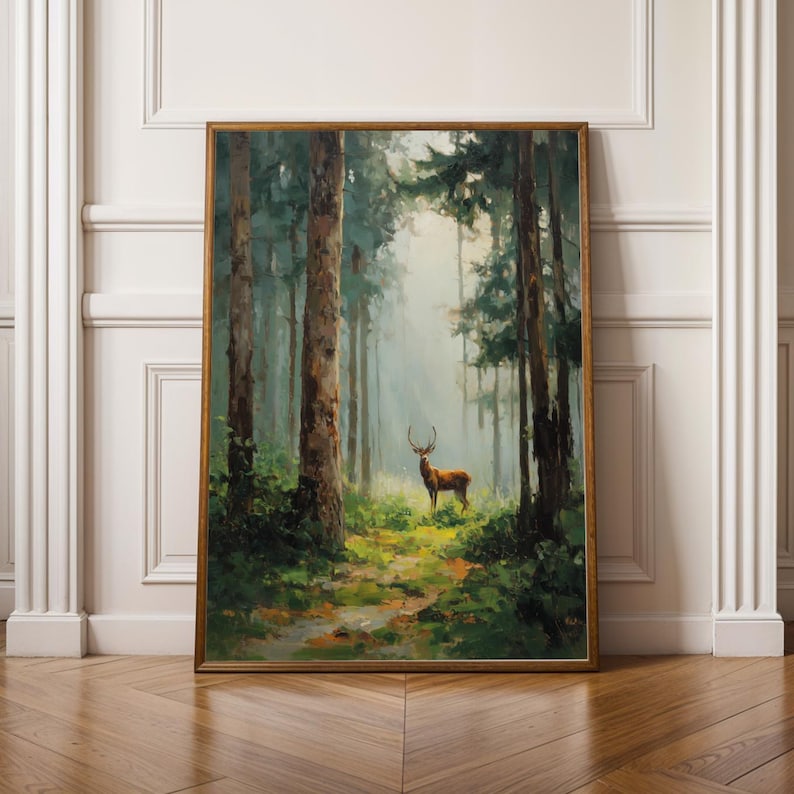 Stag in Forest, Pine Forest Wall Art, Cottagecore Decor, Green & Brown Decor, Living Room Wall Art, Fall Style Gift, Autumn Host Gift image 1