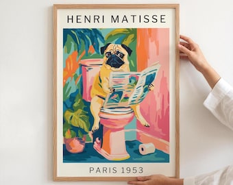 Funny Dog on Toilet Poster, Matisse-Inspired Pug Tropical Bathroom Wall Art Print, Island Luxe Decor, Digital Download