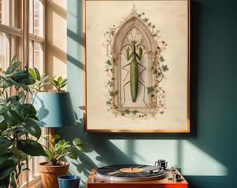 Vintage Praying Mantis Print Insect Wall Art Dark Academia Gothic Decor Entomology Poster Halloween Aesthetic Creepy Cute Bug Art