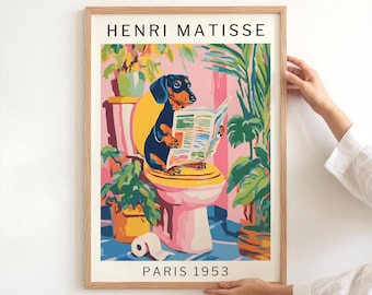Quirky Dog Bathroom Art Printable Dachshund Wall Decor Inspired By Matisse Funny Guest Bathroom Digital Download Housewarming Gift