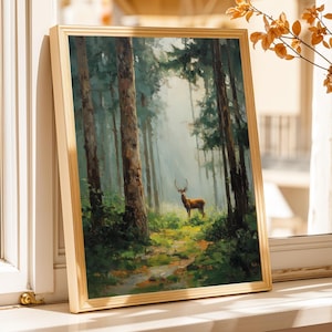 Stag in Forest, Pine Forest Wall Art, Cottagecore Decor, Green & Brown Decor, Living Room Wall Art, Fall Style Gift, Autumn Host Gift image 11