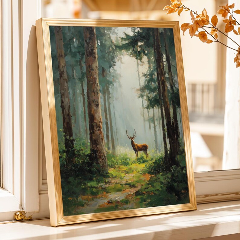 Stag in Forest, Pine Forest Wall Art, Cottagecore Decor, Green & Brown Decor, Living Room Wall Art, Fall Style Gift, Autumn Host Gift image 11