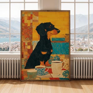 Moderner Dackel Poster, Gustav Klimt, Gelbes und Oranges Patchwork Mosaik, Küchendeko