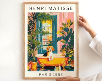 Beagle Bathroom Poster Funny Dog Wall Art Matisse Inspired Beagle In Bath Print Tropical Bathroom Decor Gift For Dog Lovers Gallery Wall
