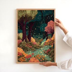 Fall Wall Art Print, Starry Wildflower Woods Poster, Cottagecore Autumn Wall Art, Forest Poster, Autumn Landscape Print, PHYSICAL PRINT