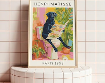 Quirky Dog Bathroom Wall Poster Black Labrador Art Print Inspired By Matisse Funny Guest Bathroom Mailed Gift For Dog Lovers, PHYSICAL PRINT