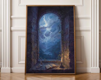 Può includere: Opera d'arte incorniciata raffigurante un paesaggio tempestoso visto attraverso un arco di pietra. Il dipinto presenta un cielo drammatico con fulmini, una candela accesa e un libro aperto su un davanzale di pietra. L'opera è in una cornice dorata.