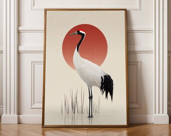 Grulla y Sol Rojo, Póster Wabi Sabi, Lámina Artística, Decoración Roja y Negra, Arte para la Pared de la Sala de Estar, Regalo para Compañero de Trabajo