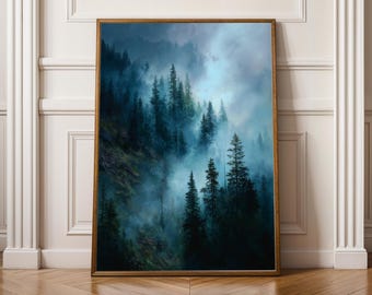 Foggy Forest Wall Art, Misty Pine Forest Print, Cottagecore Decor, Living Room Wall Art, Fall Style Gift, Autumn Host Gift