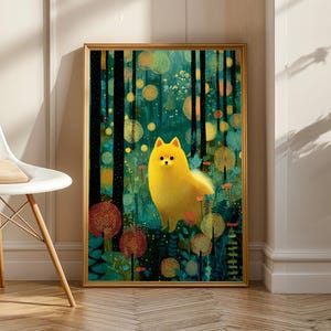 May include: A framed art print depicting a yellow Pomeranian dog in a forest scene. The illustration uses a vibrant colour palette with teal, orange, and yellow tones. The dog is central, surrounded by stylised trees and floral elements, creating a whimsical feel.