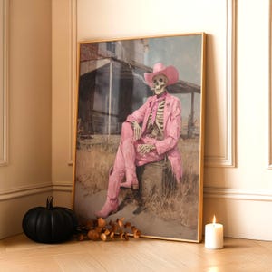 Pink Goth Wall Art Skeleton Cowgirl Poster Printed Halloween Decor For Bedroom Dorm Party Feminine Spooky Gothic Western Style Gift Poster