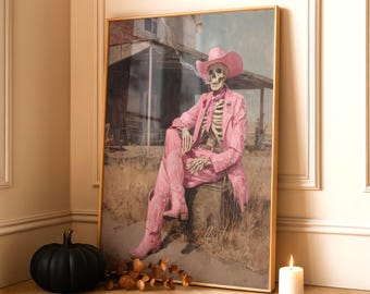 Pink Goth Wall Art Skeleton Cowgirl Poster Printed Halloween Decor For Bedroom Dorm Party Feminine Spooky Gothic Western Style Gift Poster