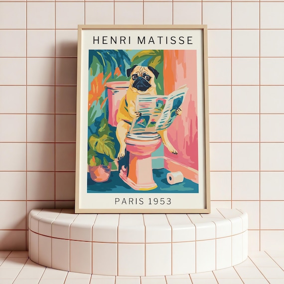 Quirky Dog Bathroom Wall Poster Pug Art Print Inspired By Matisse Funny Guest Bathroom Mailed Gift For Dog Lovers, PHYSICAL PRINT