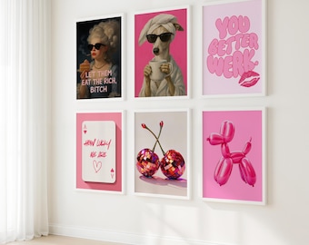 Lot de 6 affiches numériques de décoration tendance pour dortoir, décoration de dopamine, décoration rose pour dortoir, lot d'oeuvres d'art murales imprimables, cadeau de rentrée universitaire