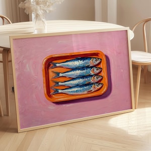 Art mural en boîte de sardines sur fond horizontal rose, long art mural horizontal, impression d'art de cuisine nostalgique, POSTER PHYSIQUE SANS CADRE