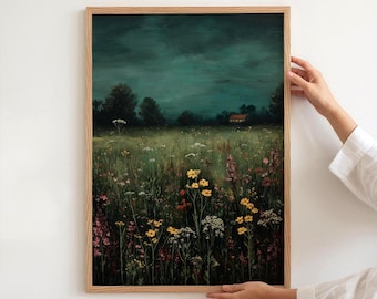 May include: A framed wall art print depicting a dark, moody landscape with a deep teal sky over a field of wildflowers. The scene features a small house in the distance, surrounded by silhouettes of trees and a variety of colorful meadow flowers.
