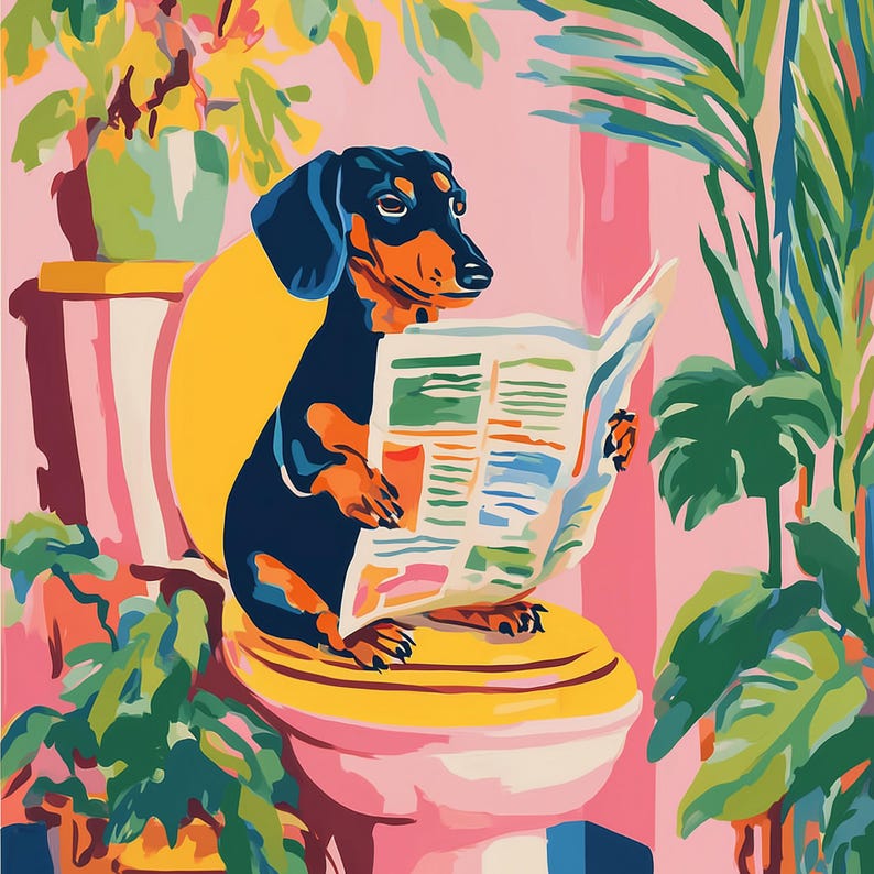 Dachshund art poster with fine art styling, designed to make guests laugh in any bathroom or hallway setting.