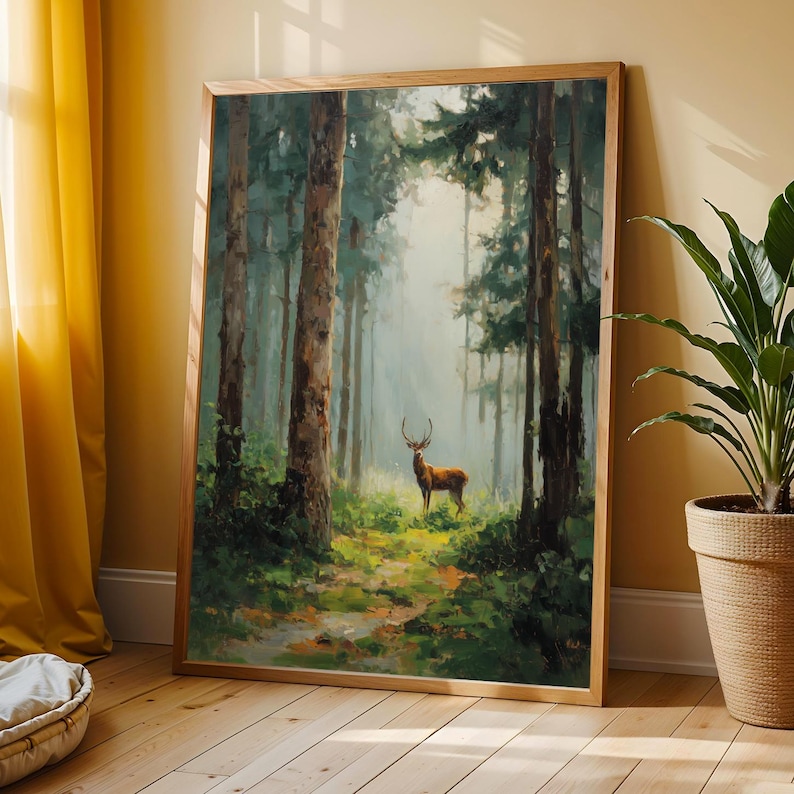 Stag in Forest, Pine Forest Wall Art, Cottagecore Decor, Green & Brown Decor, Living Room Wall Art, Fall Style Gift, Autumn Host Gift image 10