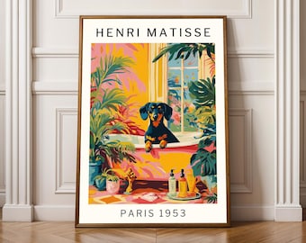 Dachshund Christmas Wall Art Funny Dog Bathroom Decor Matisse Style Print for Pet Lovers Holiday Gift for Sausage Dog Owner or Dog Mom