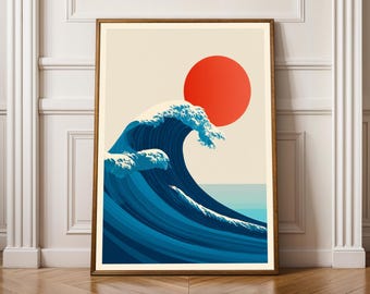 Inspirowane Katsushiką Hokusai, japońska sztuka fal, wydruk artystyczny, czerwono-niebiesko-biały wystrój, sztuka ścienna do salonu, plakat wabi sabi, prezent dla współpracownika