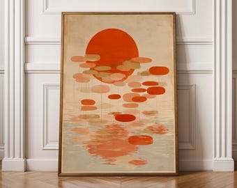Abstract Red Sun, Japan Wabi Sabi Art Print, Orange & Beige Decor, Living Room Wall Art, Gift for Coworker