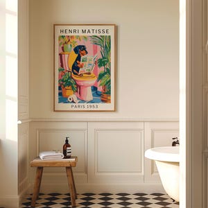 Bathroom wall decor featuring a dachshund art print in modern art style, combines humour with a high-design aesthetic.