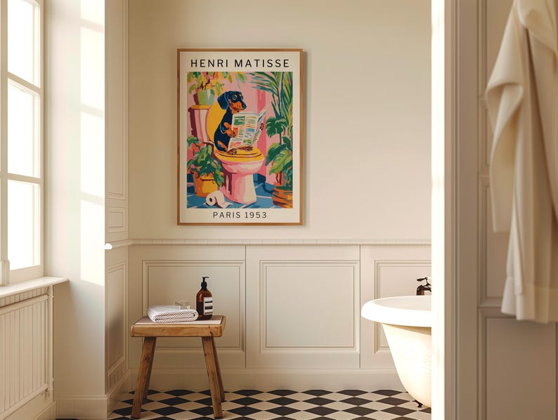 Bathroom wall decor featuring a dachshund art print in modern art style, combines humour with a high-design aesthetic.