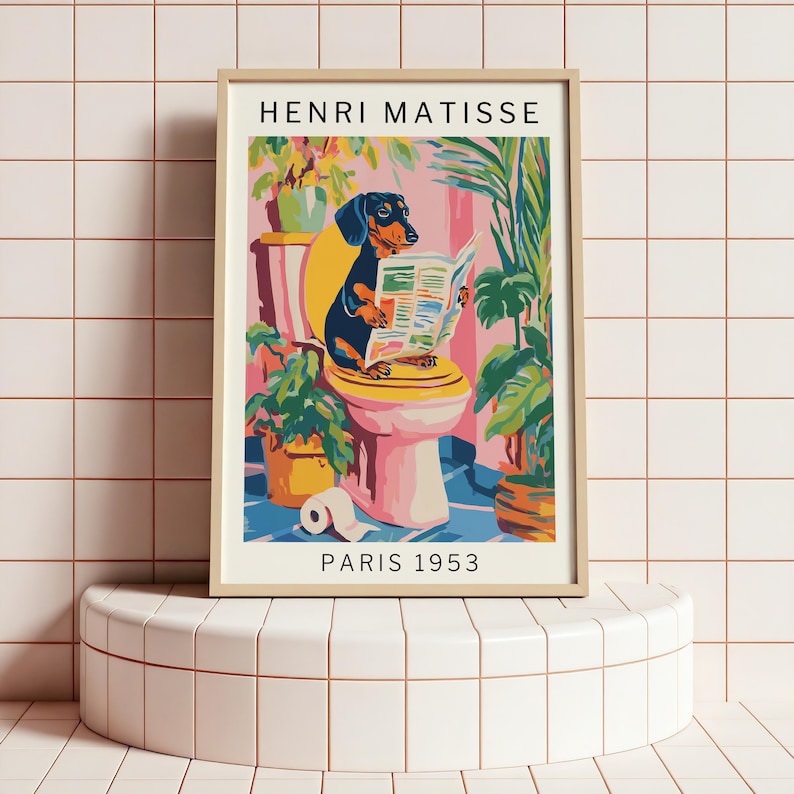 Funny dachshund wall art poster featuring a dog on a toilet with a Matisse-inspired background, great for quirky guest bathroom decor.