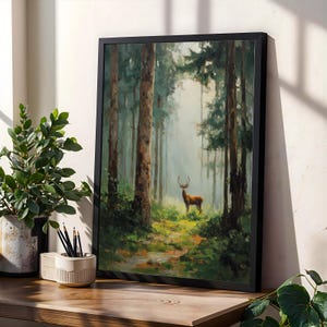 Stag in Forest, Pine Forest Wall Art, Cottagecore Decor, Green & Brown Decor, Living Room Wall Art, Fall Style Gift, Autumn Host Gift image 9