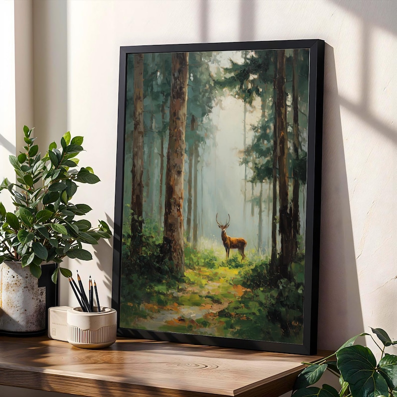 Stag in Forest, Pine Forest Wall Art, Cottagecore Decor, Green & Brown Decor, Living Room Wall Art, Fall Style Gift, Autumn Host Gift image 9