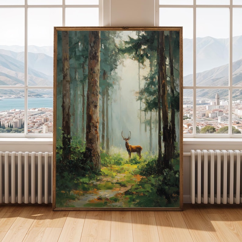 Stag in Forest, Pine Forest Wall Art, Cottagecore Decor, Green & Brown Decor, Living Room Wall Art, Fall Style Gift, Autumn Host Gift image 5