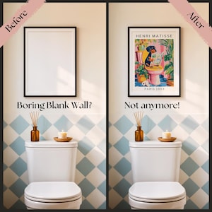 Colorful mailed art print of a dachshund reading the newspaper in the bathroom, perfect for powder room humor and personality.