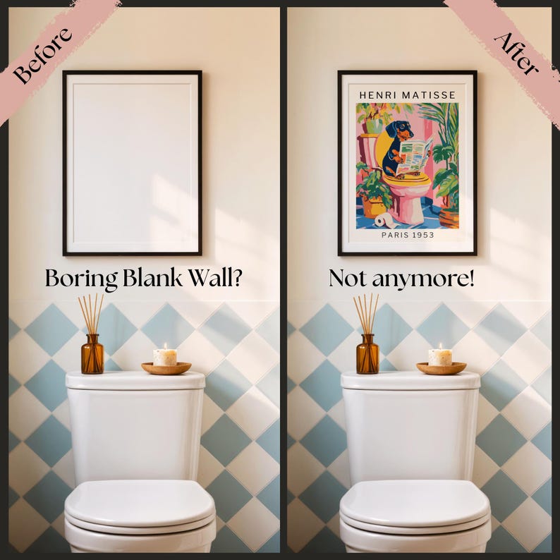Colorful mailed art print of a dachshund reading the newspaper in the bathroom, perfect for powder room humor and personality.