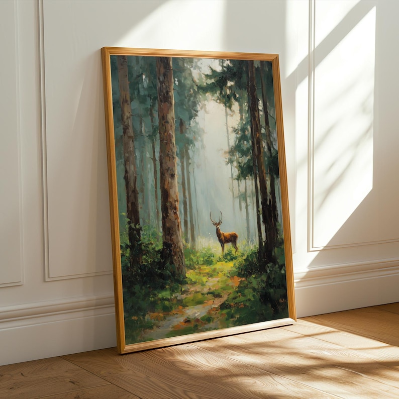 Stag in Forest, Pine Forest Wall Art, Cottagecore Decor, Green & Brown Decor, Living Room Wall Art, Fall Style Gift, Autumn Host Gift image 6