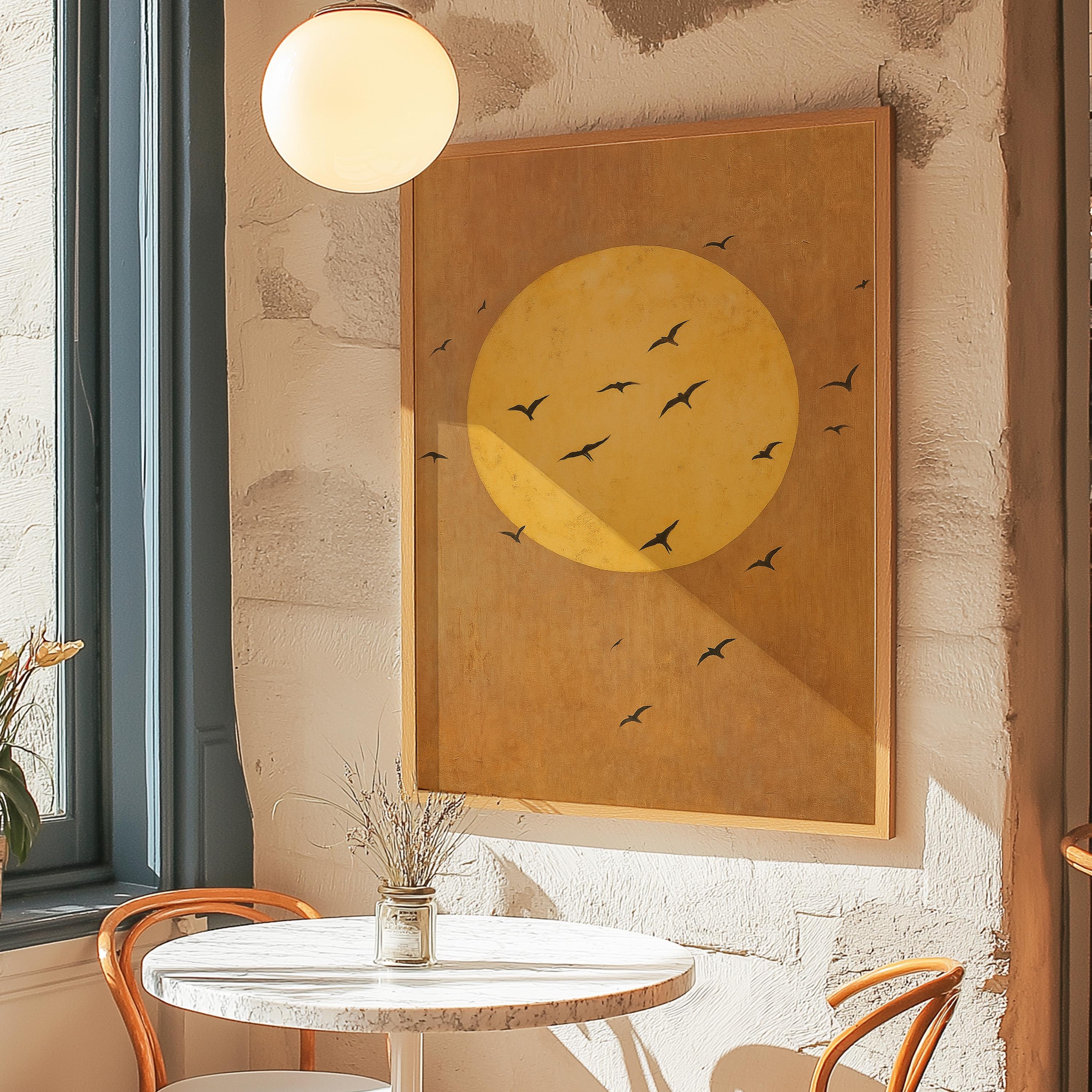 Minimalist Wabi-sabi Sunset Birds Wall Art, Mid-century Modern