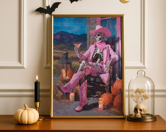 Pink Halloween Wall Art Skeleton Cowgirl Poster Spooky Pink Aesthetic Decor for Halloween Party Dorm Bedroom or Living Room