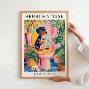 Quirky Dog Bathroom Wall Poster Dachshund Art Print Inspired By Matisse Funny Guest Bathroom Mailed Gift For Dog Lovers, PHYSICAL PRINT