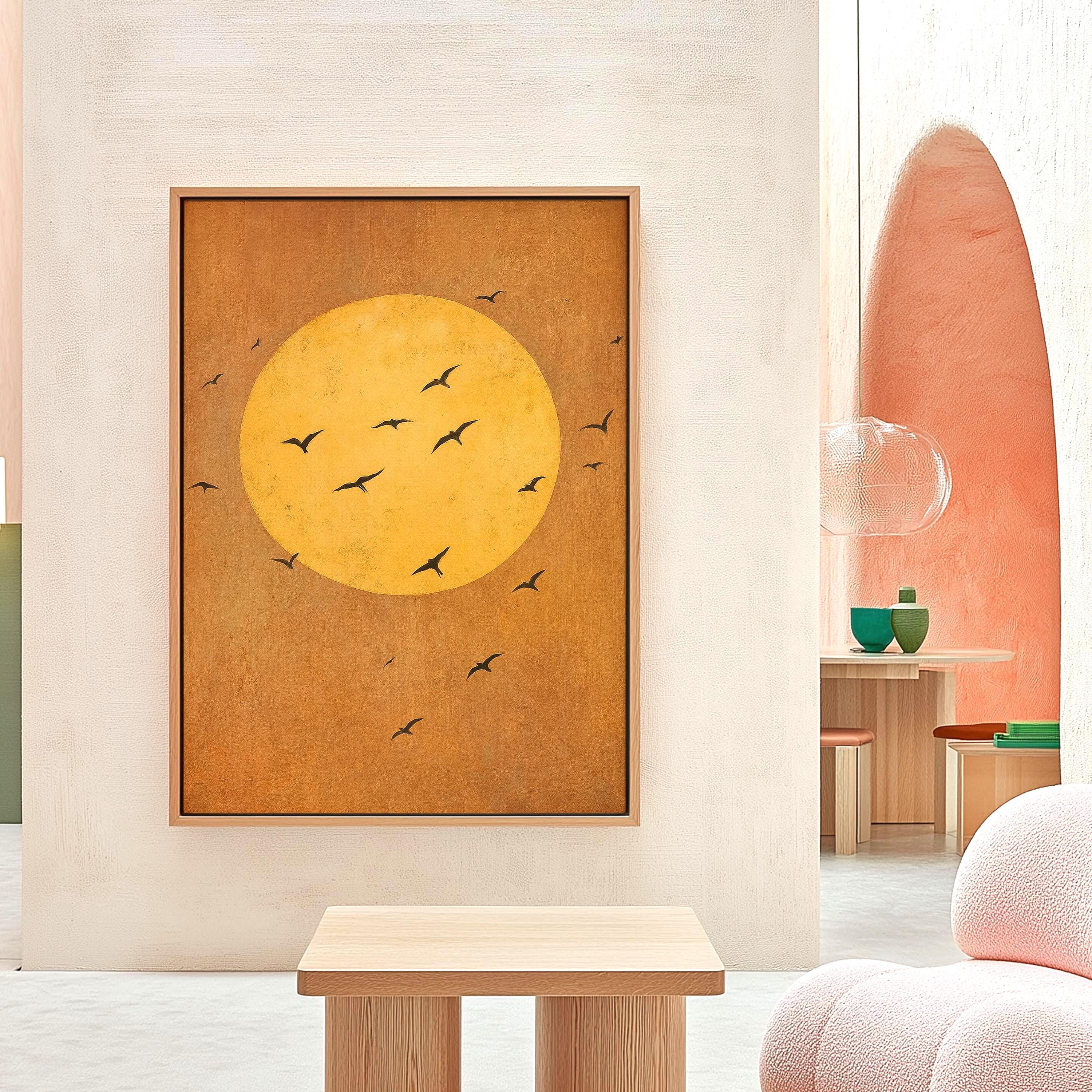 Minimalist Wabi-sabi Sunset Birds Wall Art, Mid-century Modern
