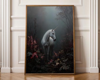 Gothic Unicorn Wall Art Dark Fantasy Print Whimsigoth Decor White Unicorn Painting Dark Academia Room Aesthetic Birthday Gift For Her