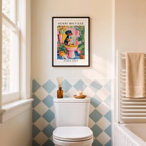 Bold and artistic dog poster with quirky bathroom vibes, perfect for decorating powder rooms or guest bathrooms
