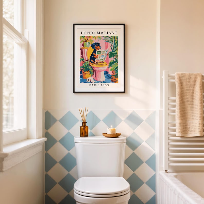 Bold and artistic dog poster with quirky bathroom vibes, perfect for decorating powder rooms or guest bathrooms