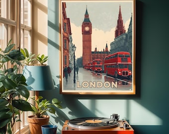 Vintage London Travel Poster Retro London Wall Art London Travel Print London Gallery Wall Poster Large London Art Print