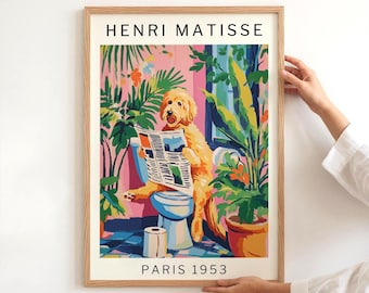 Funny Dog on Toilet Poster, Matisse-Inspired Golden Doodle Tropical Bathroom Wall Art Print, Island Luxe Decor, Digital Download