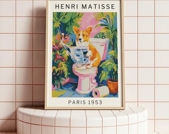 Póster divertido para el baño: Corgi leyendo el periódico. Arte de pared estilo Matisse. Impresión de perro para la decoración del baño de invitados. Idea de regalo para amantes de los Corgi.