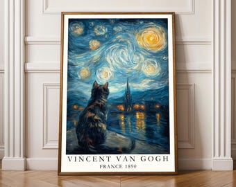 Tortoiseshell cat Starry Night Poster, Van Gogh Print, Living Room Wall Art, Fall Style Gift, Gift for Coworker, 30th Birthday Gifts for Her