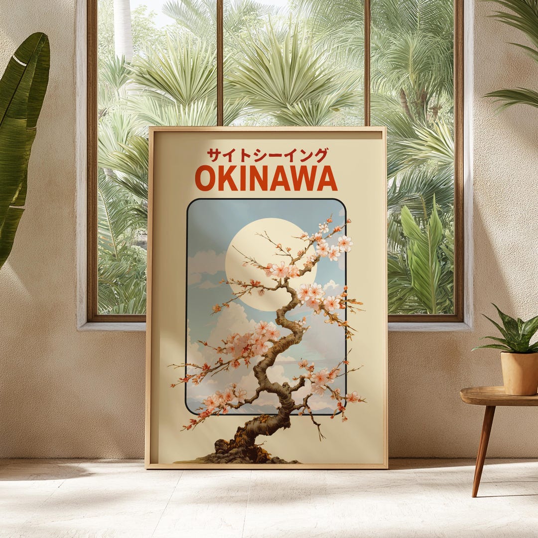 Okinawa Print Japan Travel Poster Cherry Blossom Wall Art Vintage